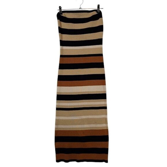 House of Harlow 1960 Rib Knit Striped Dress Strapless Black Tan Rust Size Small - Picture 1 of 7